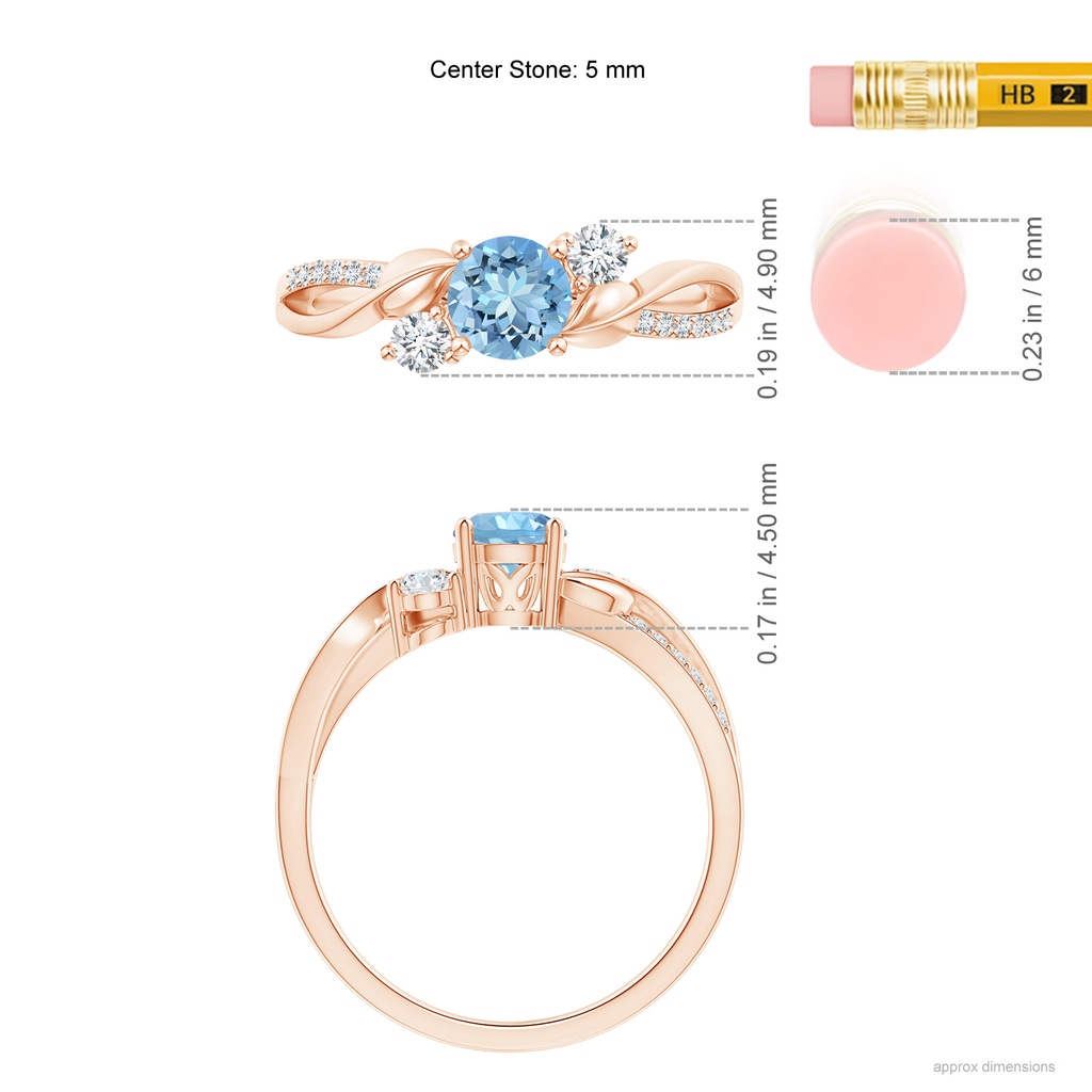 5mm AAAA Aquamarine and Diamond Twisted Vine Ring in Rose Gold Ruler