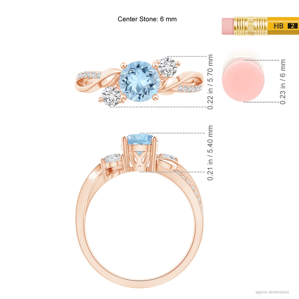 6mm AAA Aquamarine and Diamond Twisted Vine Ring in Rose Gold Ruler