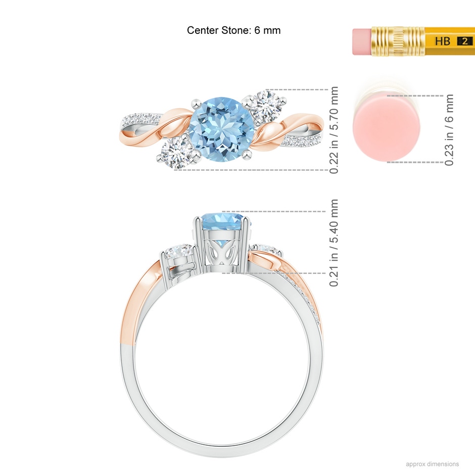 6mm AAAA Aquamarine and Diamond Twisted Vine Ring in 9K White Gold 9K Rose Gold ruler