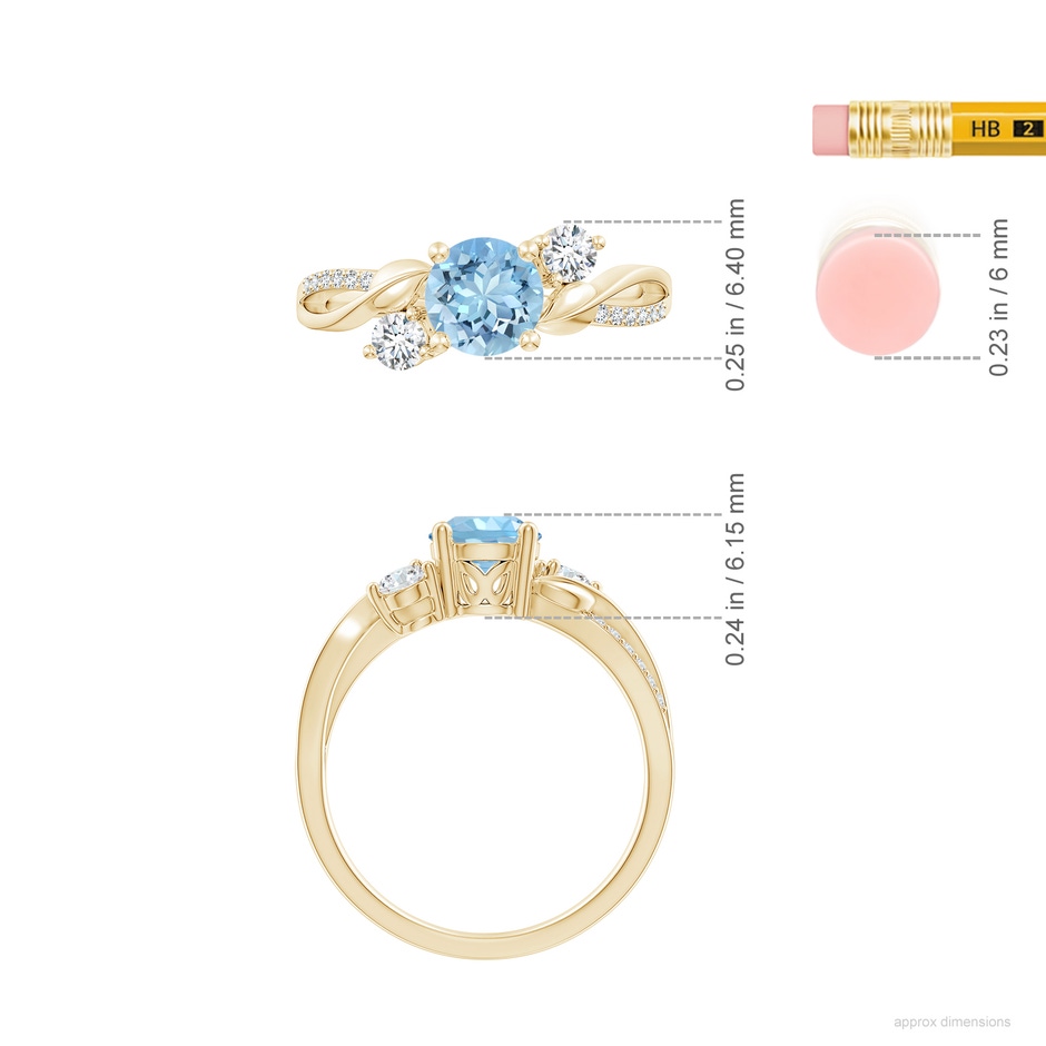 6mm AAAA Aquamarine and Diamond Twisted Vine Ring in Yellow Gold ruler
