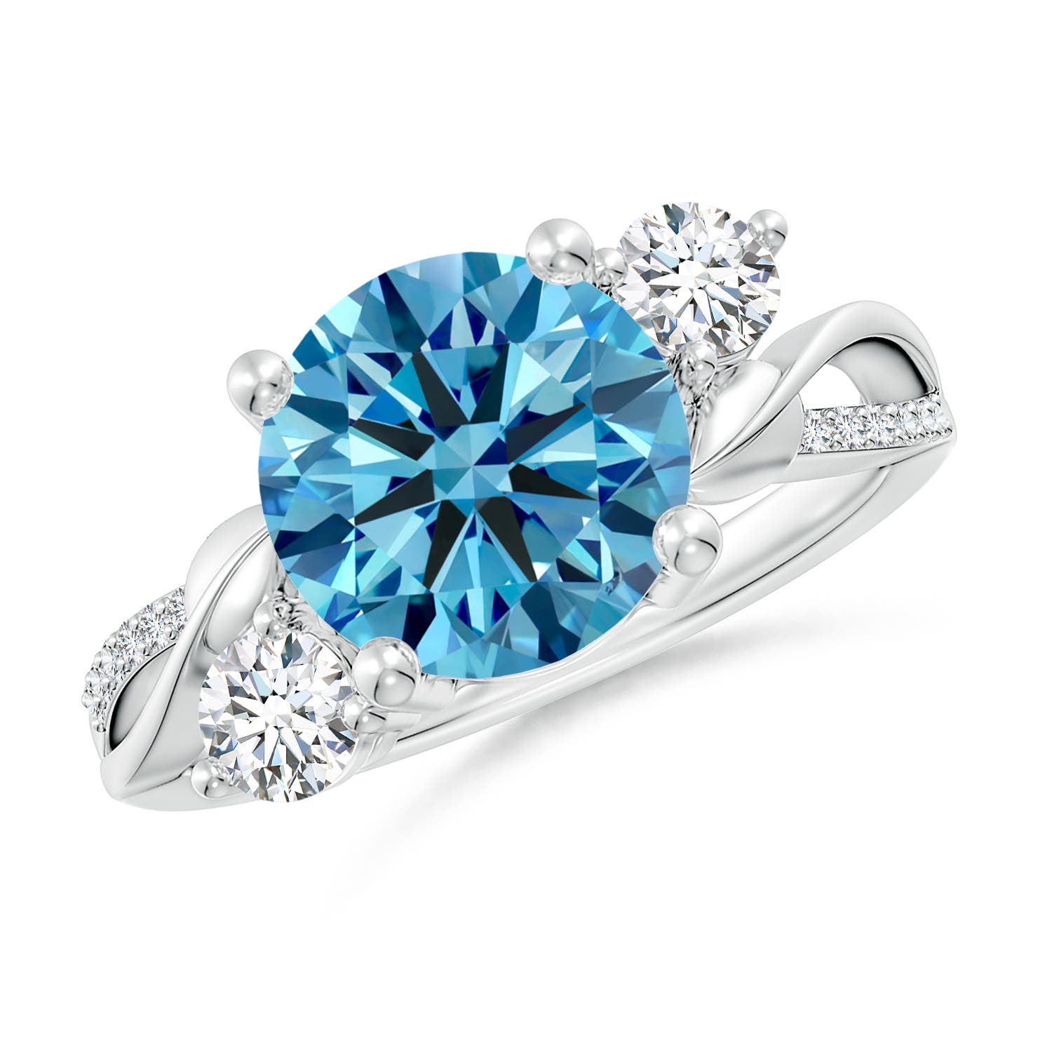 Angara 3.48 CTW Fancy Intense Blue and White Diamond Twisted Vine Engagement Ring in 18K White Gold