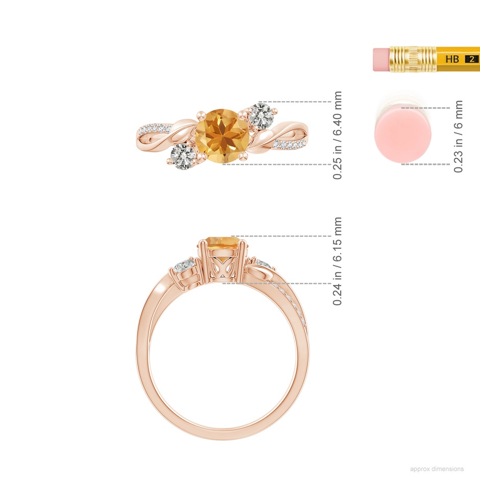 6mm A Citrine and Diamond Twisted Vine Ring in Rose Gold ruler