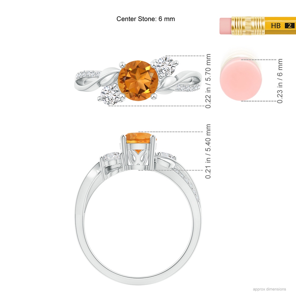 6mm AAA Citrine and Diamond Twisted Vine Ring in White Gold Ruler