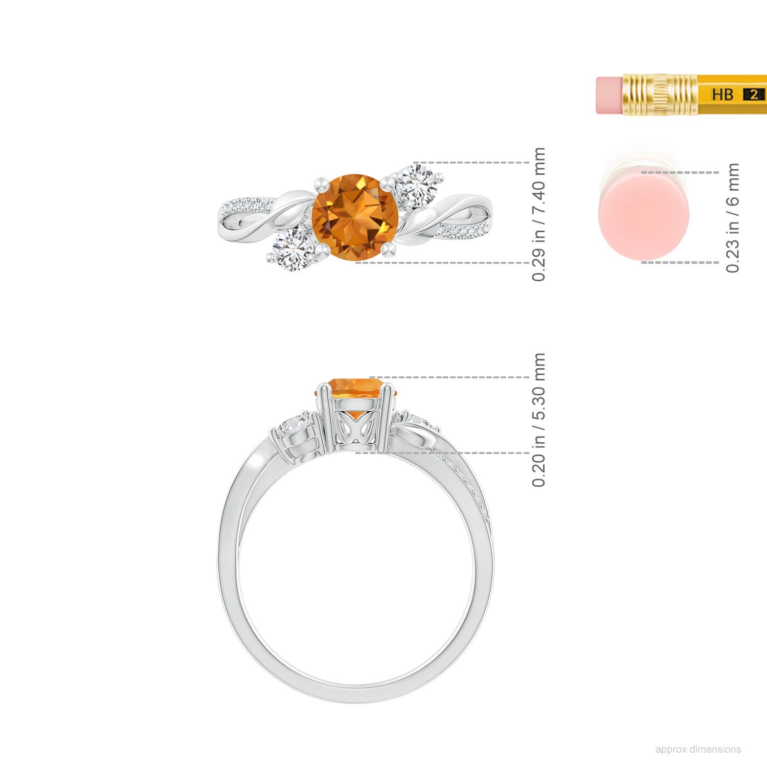 6mm AAA Citrine and Diamond Twisted Vine Ring in White Gold - ruler