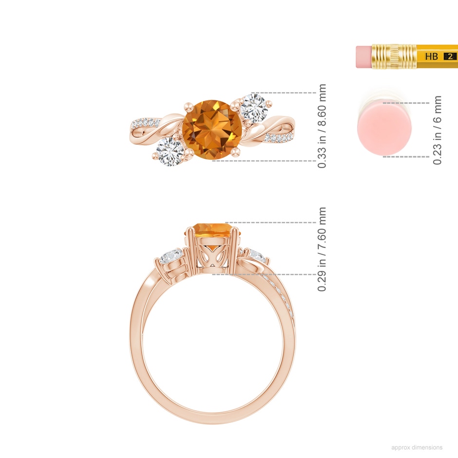 7mm AAA Citrine and Diamond Twisted Vine Ring in Rose Gold ruler