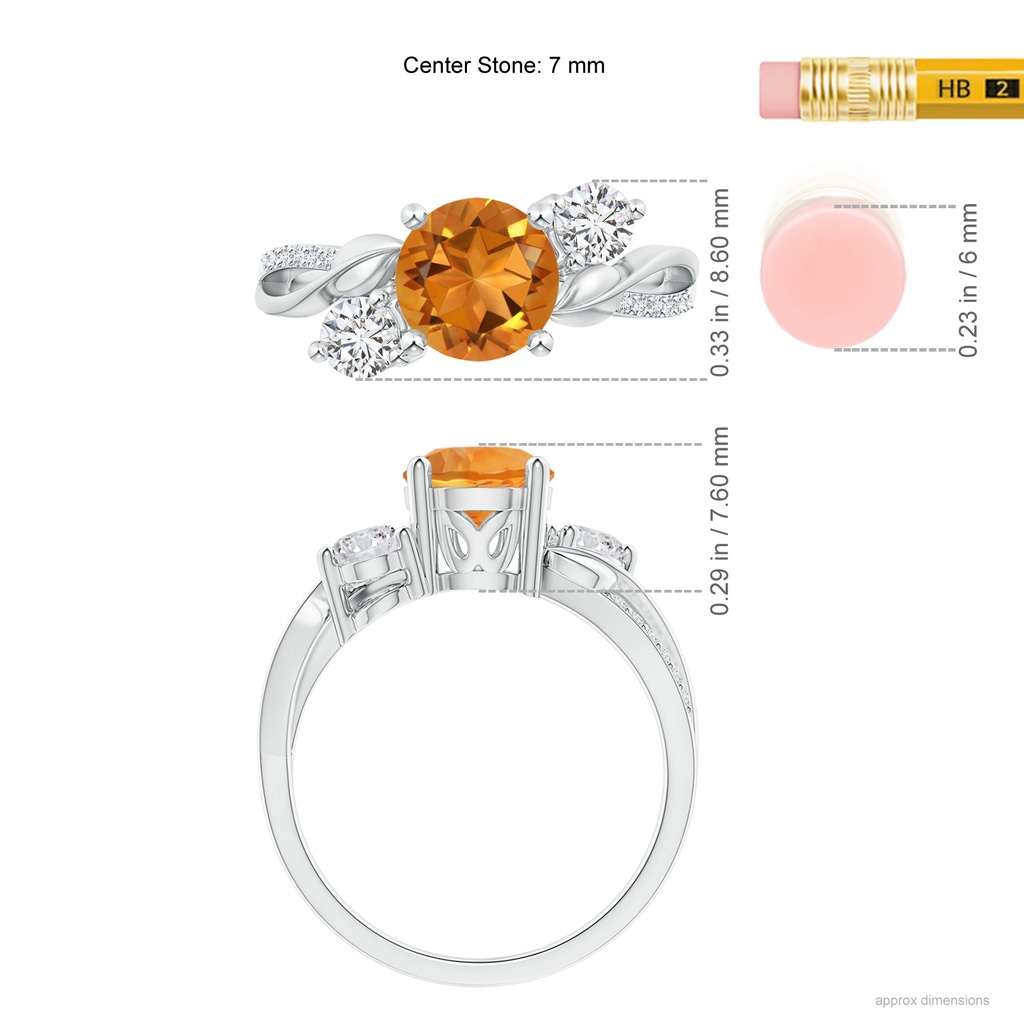 7mm AAA Citrine and Diamond Twisted Vine Ring in White Gold Ruler