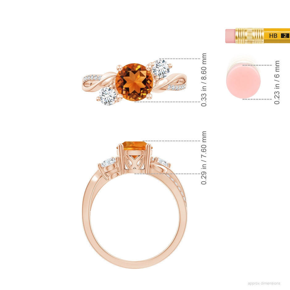 7mm AAAA Citrine and Diamond Twisted Vine Ring in Rose Gold ruler