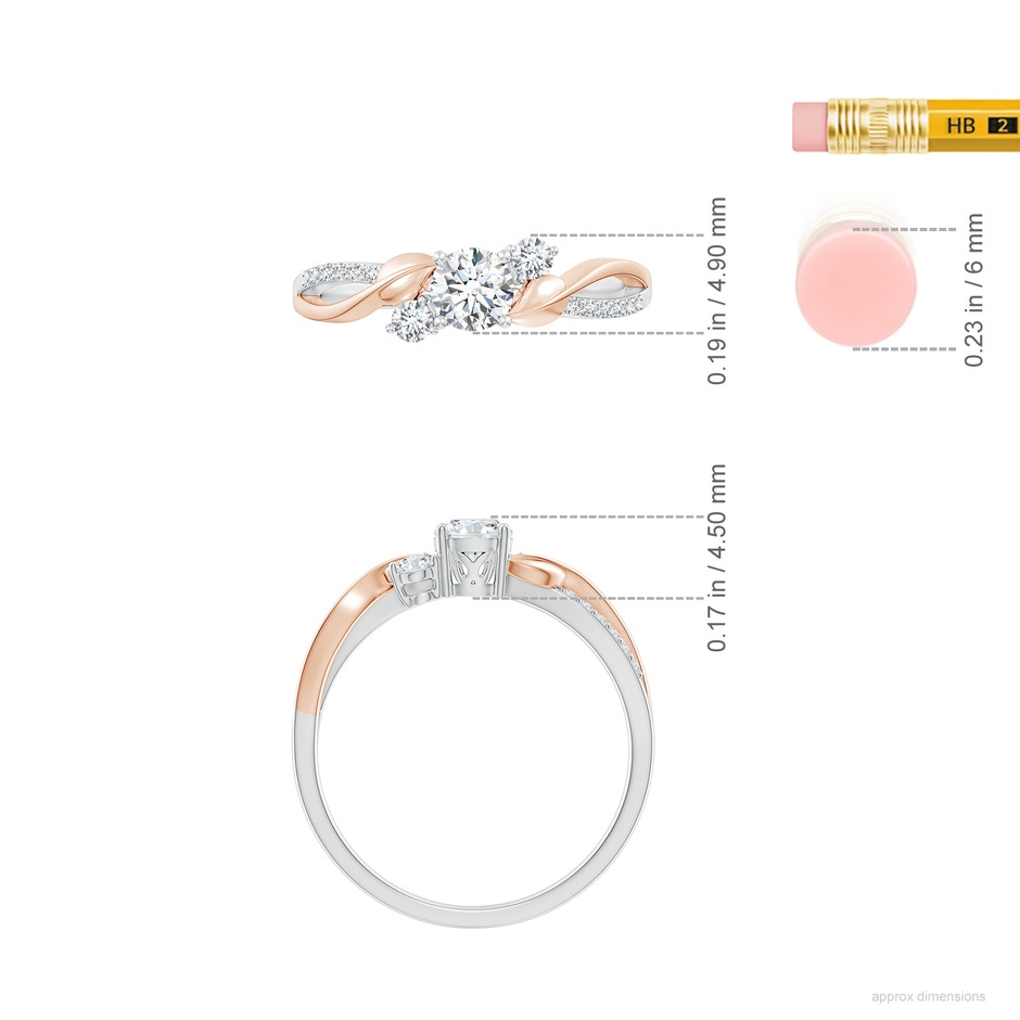 4.4mm GVS2 Three Stone Diamond Twisted Vine Ring in White Gold Rose Gold ruler