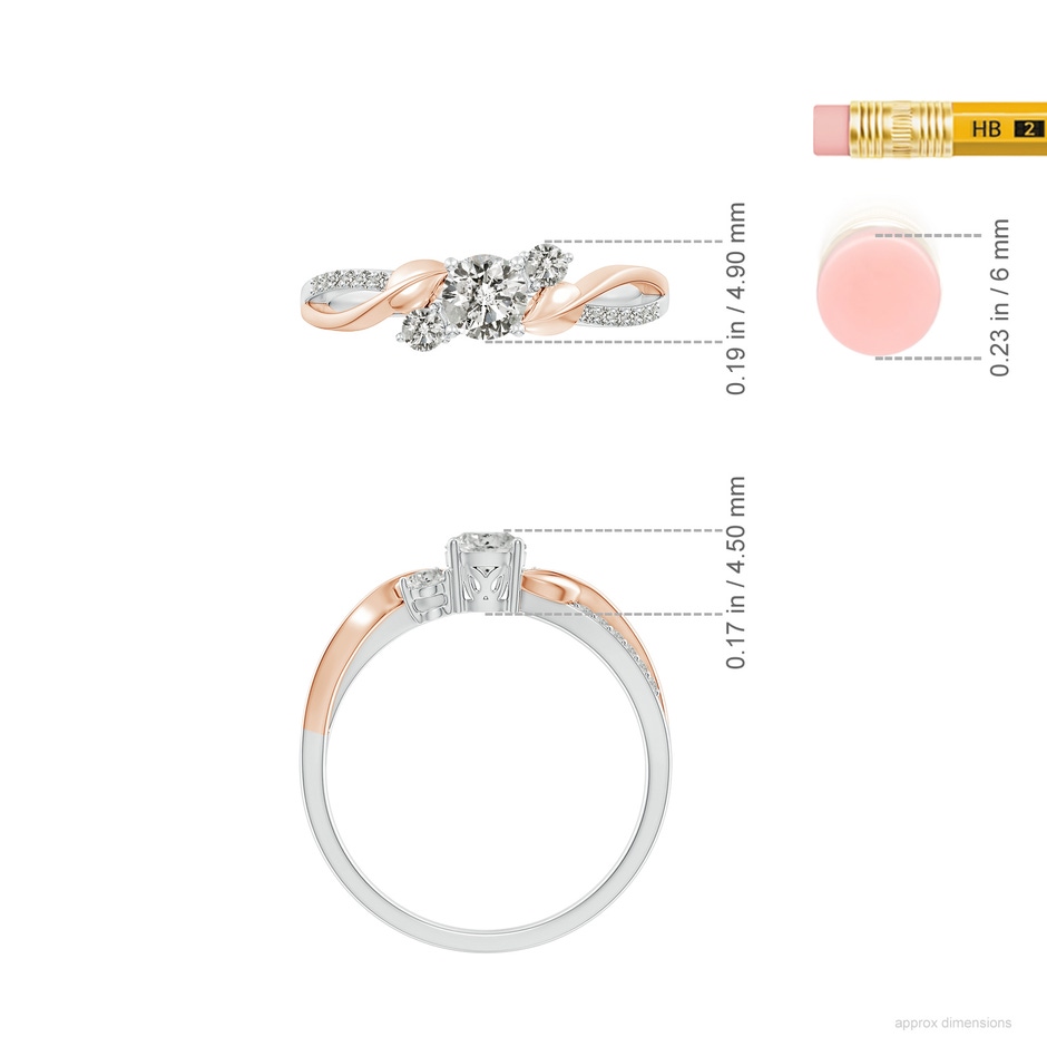 4.4mm KI3 Three Stone Diamond Twisted Vine Ring in White Gold Rose Gold ruler