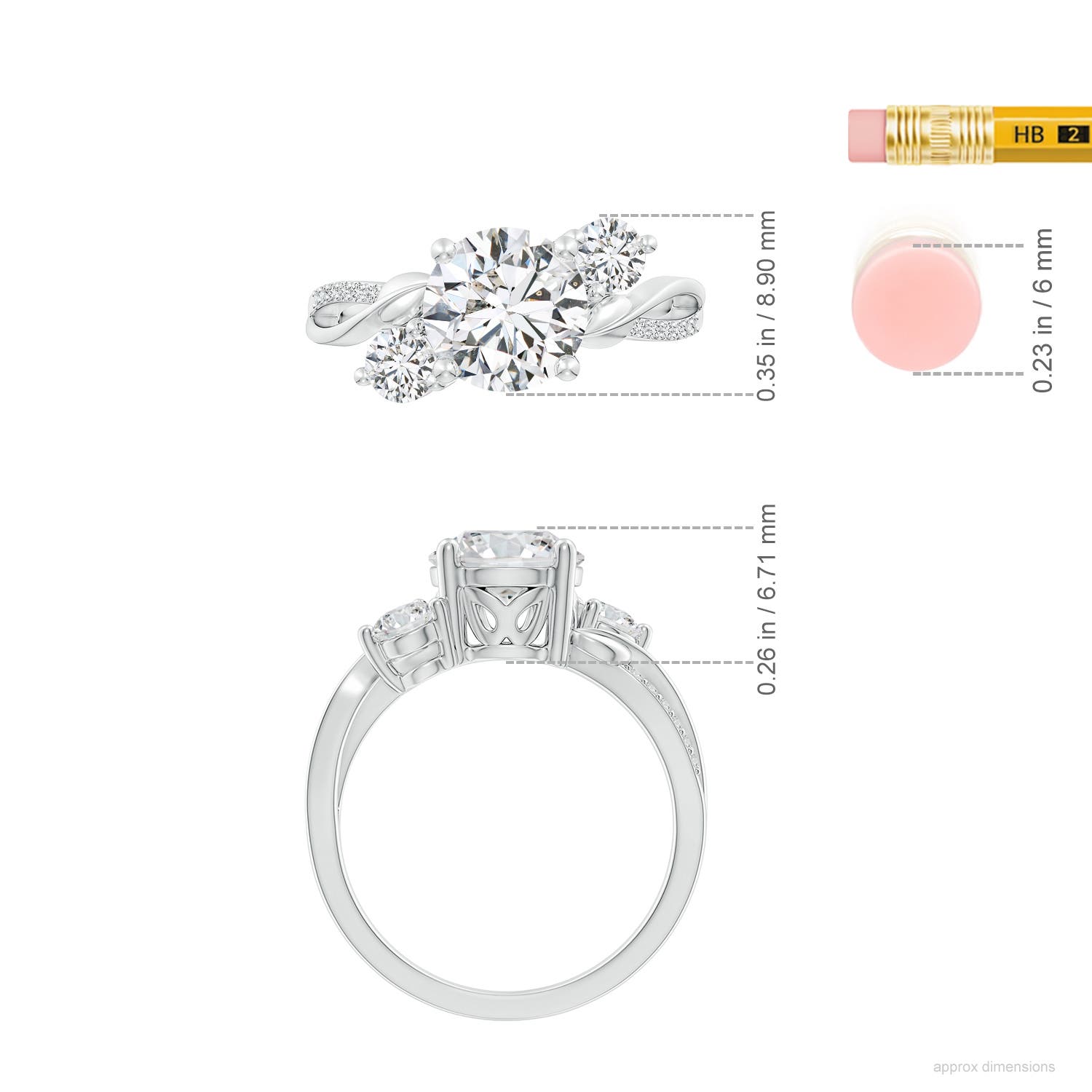 8mm HSI2 Three Stone Diamond Twisted Vine Ring in White Gold - ruler