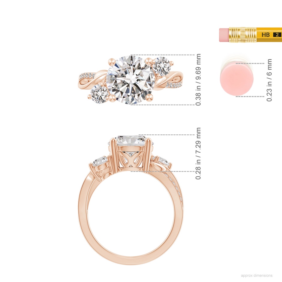 9.2mm IJI1I2 Three Stone Diamond Twisted Vine Ring in Rose Gold ruler