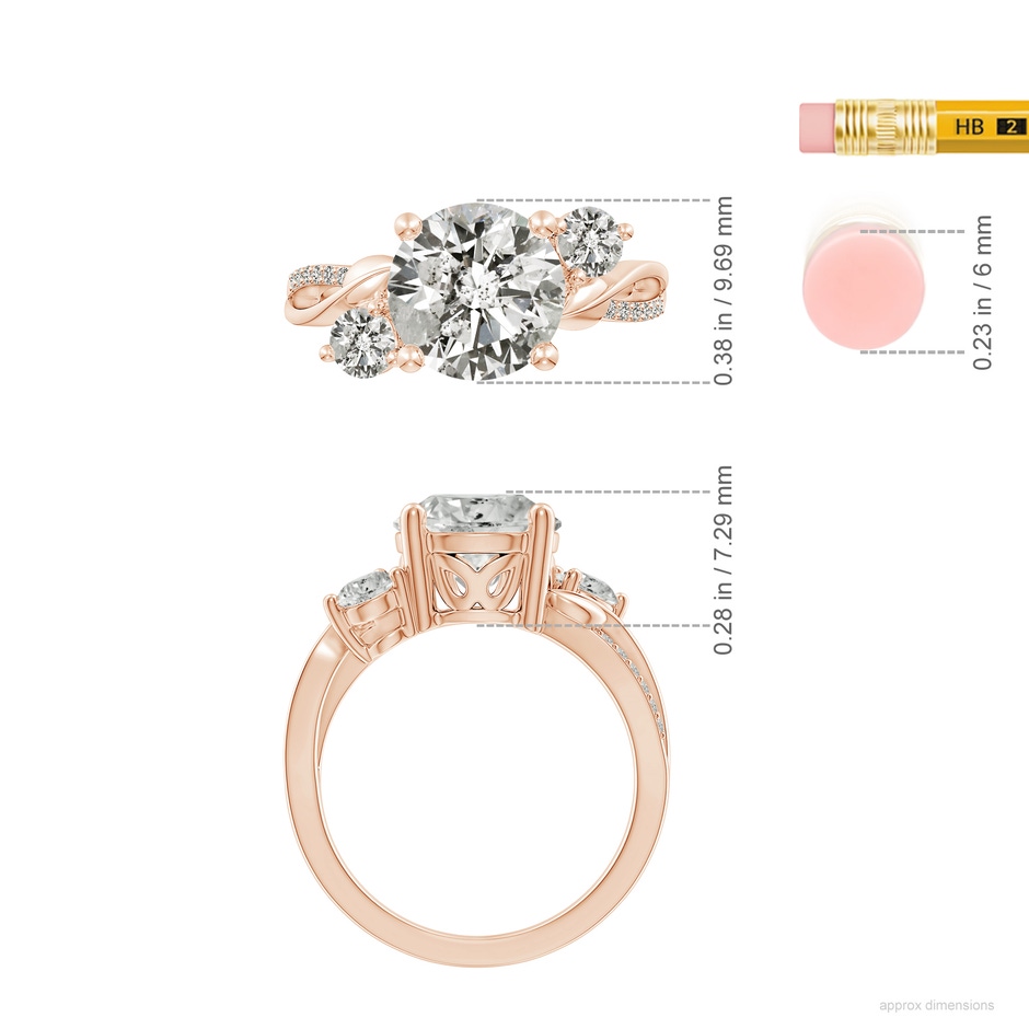 9.2mm KI3 Three Stone Diamond Twisted Vine Ring in 18K Rose Gold ruler