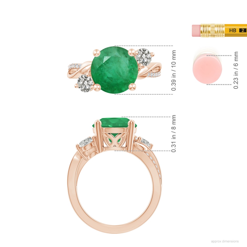 10mm A Emerald and Diamond Twisted Vine Ring in Rose Gold ruler