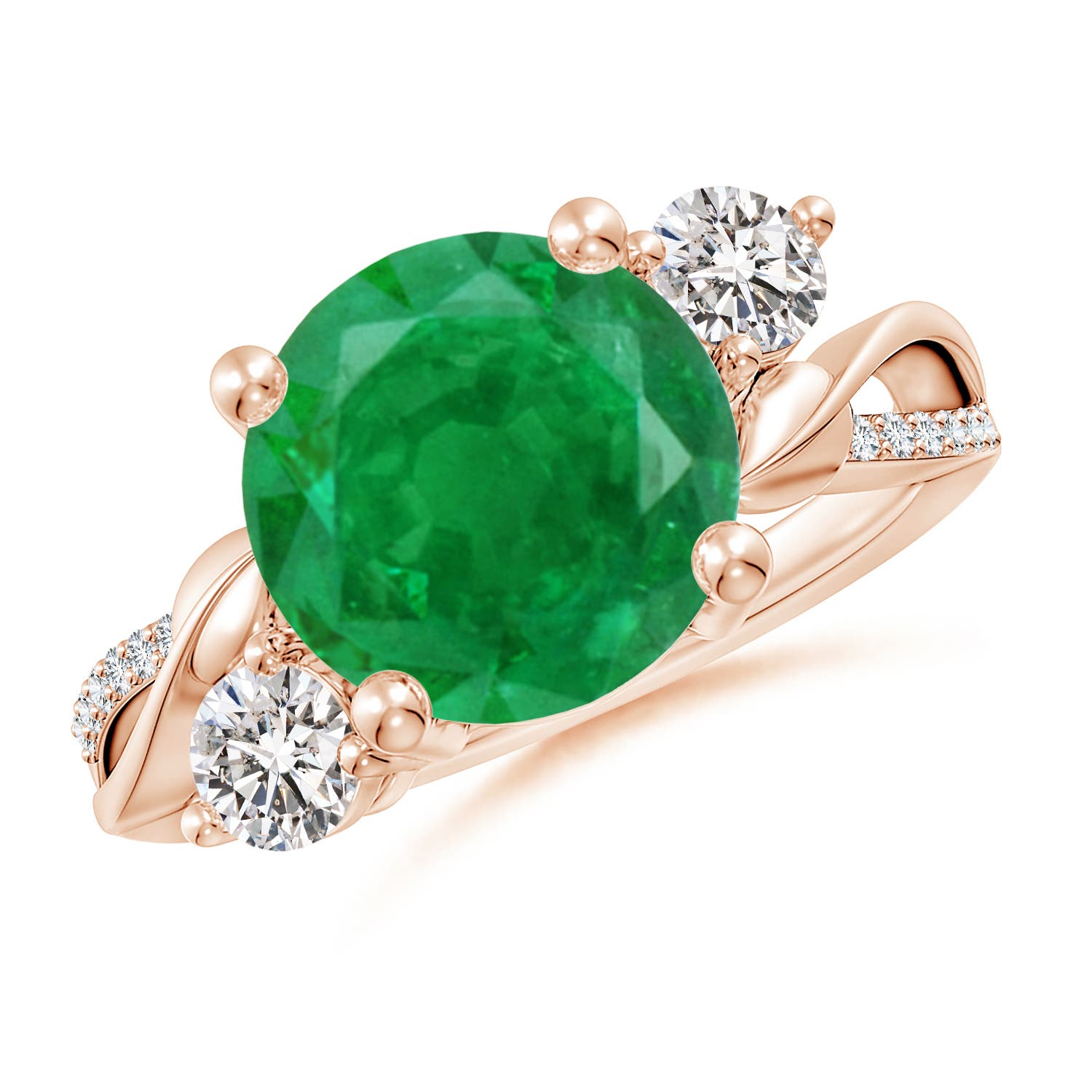 10mm AA Emerald and Diamond Twisted Vine Ring in 18CT Rose Gold