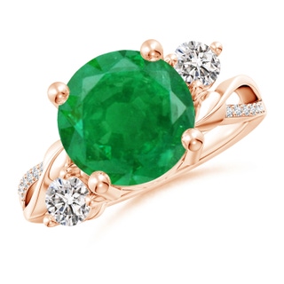 10mm AA Emerald and Diamond Twisted Vine Ring in 9K Rose Gold