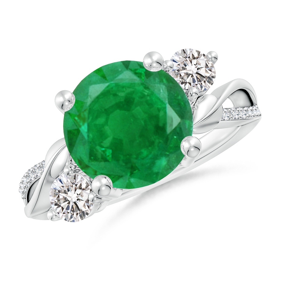 10mm AA Emerald and Diamond Twisted Vine Ring in White Gold 