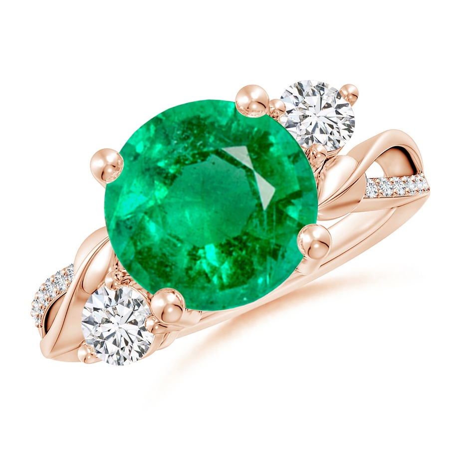 10mm AAA Emerald and Diamond Twisted Vine Ring in 18K Rose Gold 