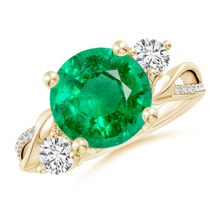 10mm AAA Emerald and Diamond Twisted Vine Ring in Yellow Gold 