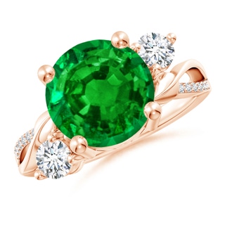 10mm AAAA Emerald and Diamond Twisted Vine Ring in 10K Rose Gold