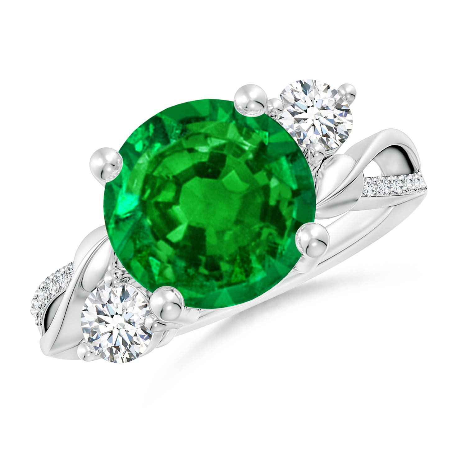 Angara 3.93 CTW Emerald and Diamond Twisted Vine Engagement Ring in 18K White Gold