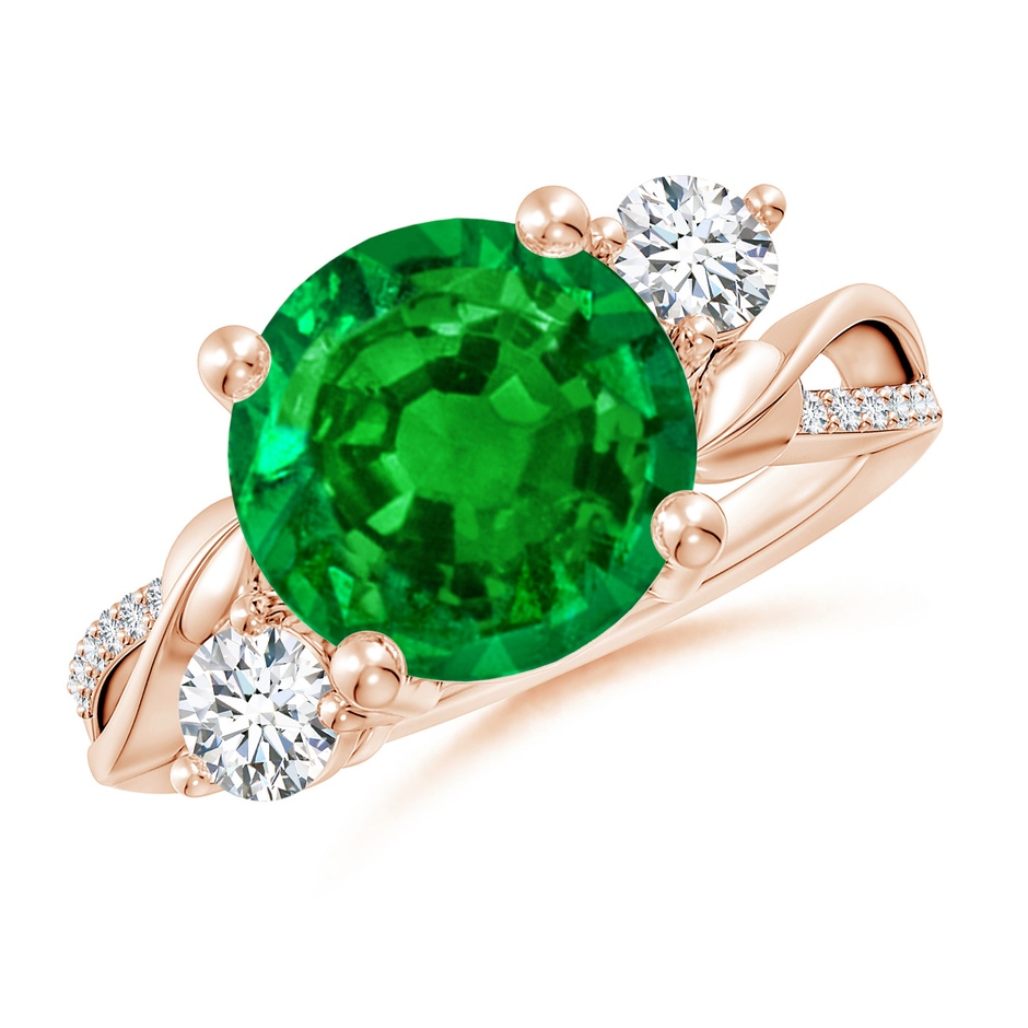 10mm AAAA Emerald and Diamond Twisted Vine Ring in Rose Gold 
