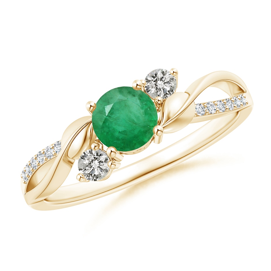 5mm A Emerald and Diamond Twisted Vine Ring in Yellow Gold 
