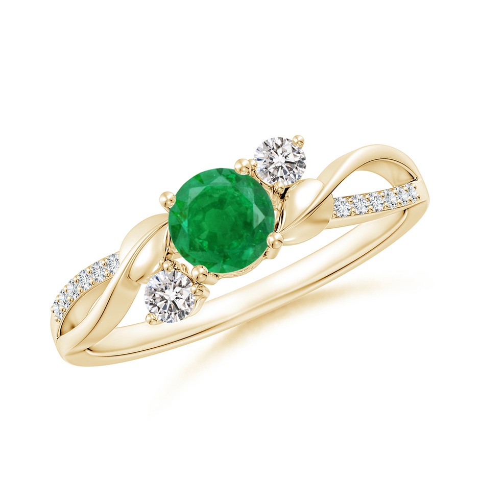 5mm AA Emerald and Diamond Twisted Vine Ring in 10K Yellow Gold 