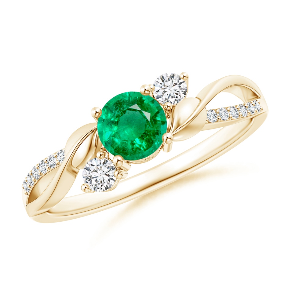 5mm AAA Emerald and Diamond Twisted Vine Ring in Yellow Gold 