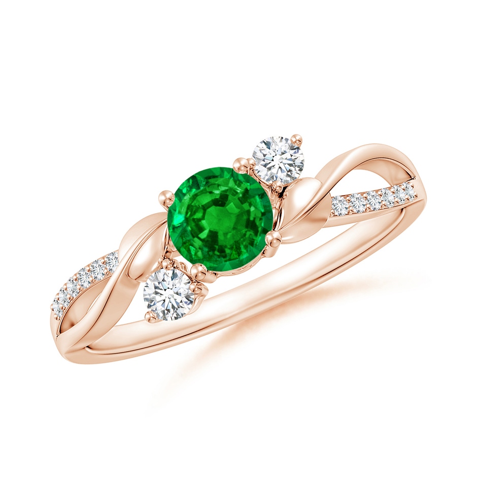 5mm AAAA Emerald and Diamond Twisted Vine Ring in 18K Rose Gold 