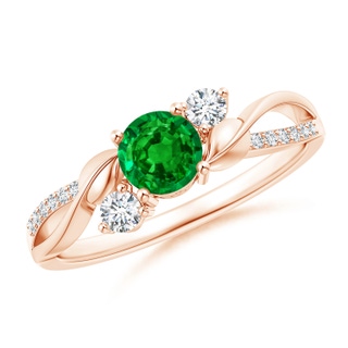 5mm AAAA Emerald and Diamond Twisted Vine Ring in Rose Gold