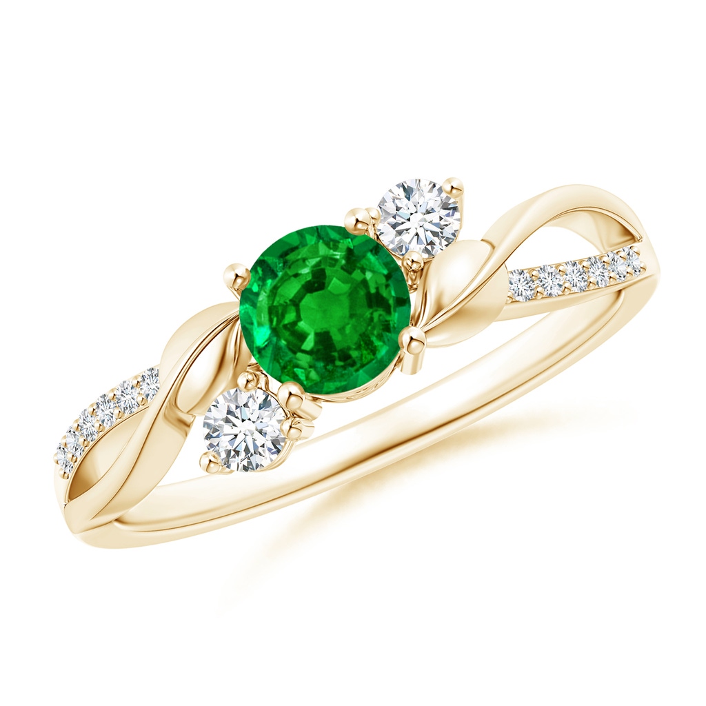 5mm AAAA Emerald and Diamond Twisted Vine Ring in Yellow Gold