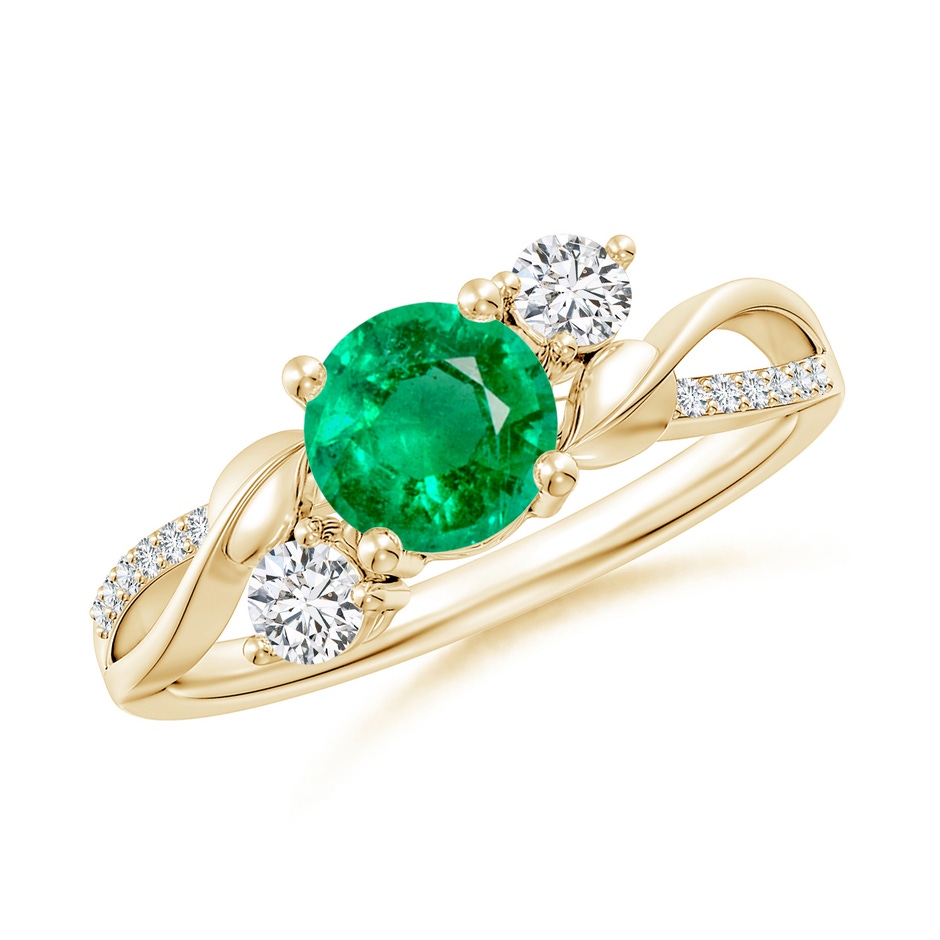 6mm AAA Emerald and Diamond Twisted Vine Ring in Yellow Gold 