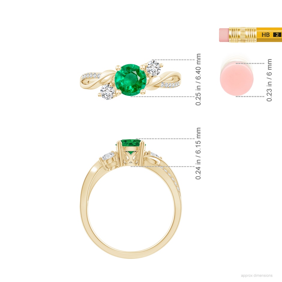 6mm AAA Emerald and Diamond Twisted Vine Ring in Yellow Gold ruler