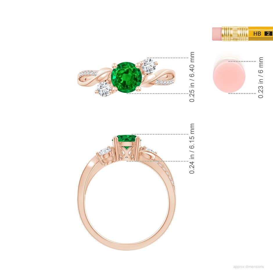 6mm AAAA Emerald and Diamond Twisted Vine Ring in 18K Rose Gold ruler