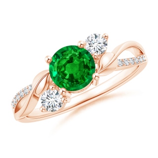 6mm AAAA Emerald and Diamond Twisted Vine Ring in 9K Rose Gold