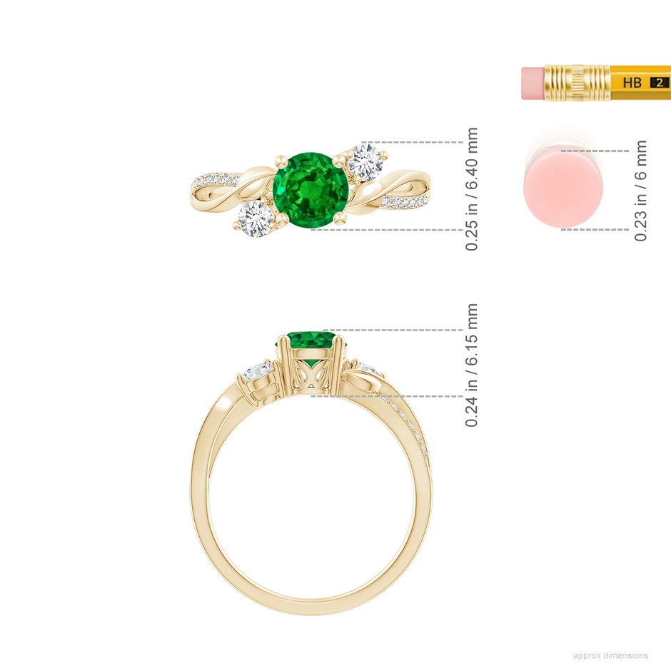 6mm AAAA Emerald and Diamond Twisted Vine Ring in Yellow Gold ruler