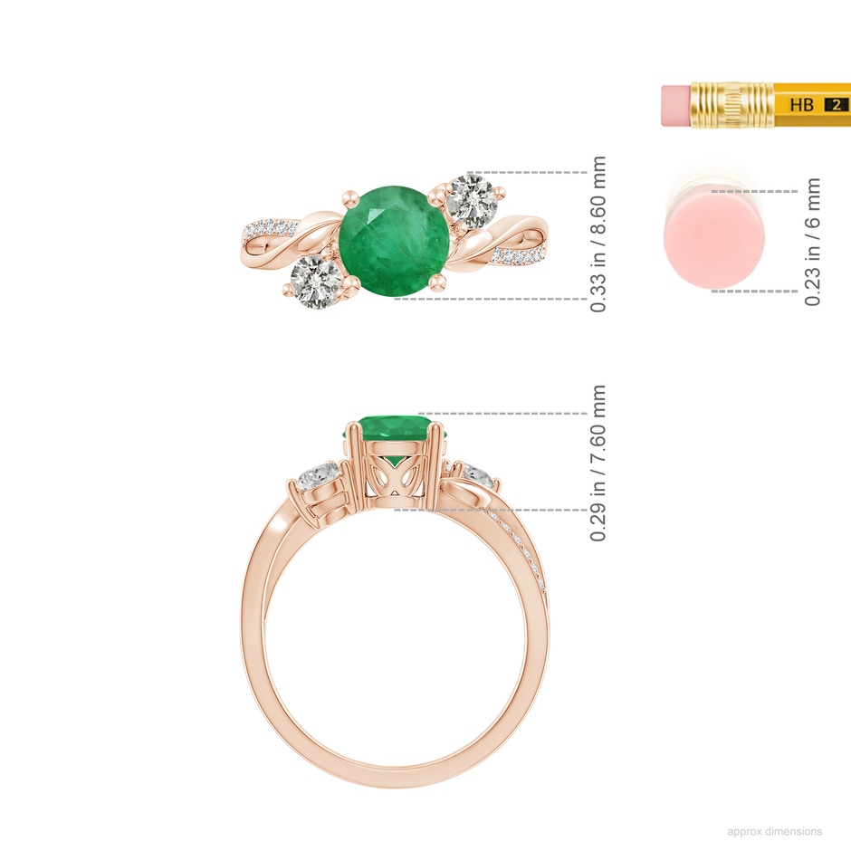 7mm A Emerald and Diamond Twisted Vine Ring in Rose Gold ruler