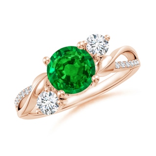 7mm AAAA Emerald and Diamond Twisted Vine Ring in 18K Rose Gold