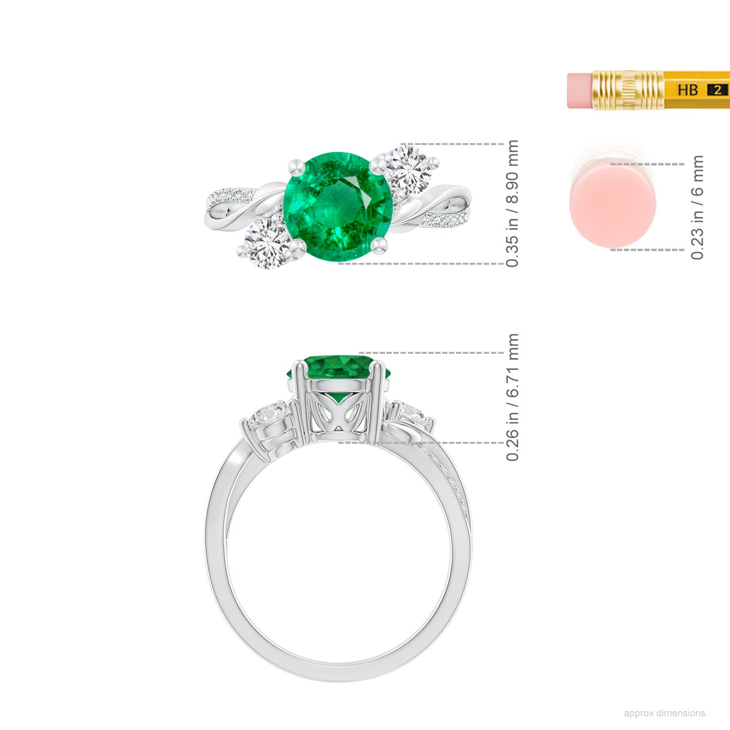 8mm AAA Emerald and Diamond Twisted Vine Ring in White Gold - ruler