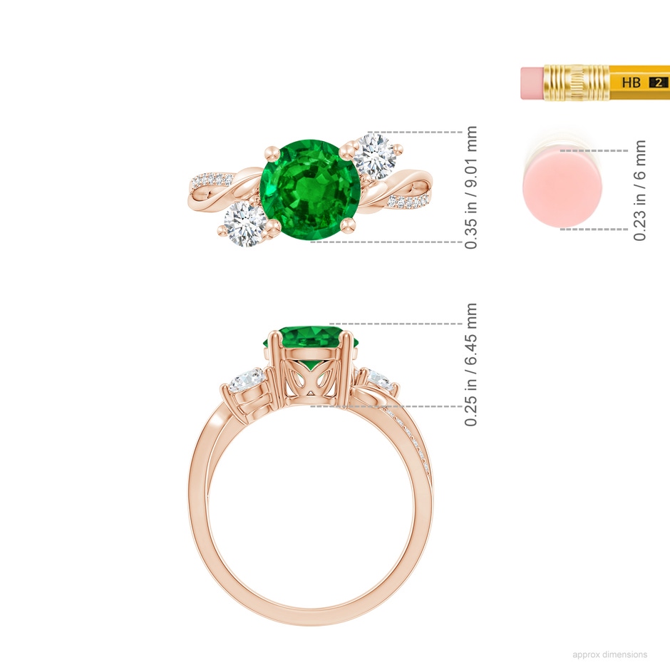 8mm AAAA Emerald and Diamond Twisted Vine Ring in 18K Rose Gold ruler