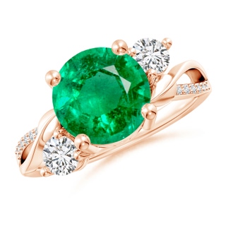 9mm AAA Emerald and Diamond Twisted Vine Ring in 10K Rose Gold