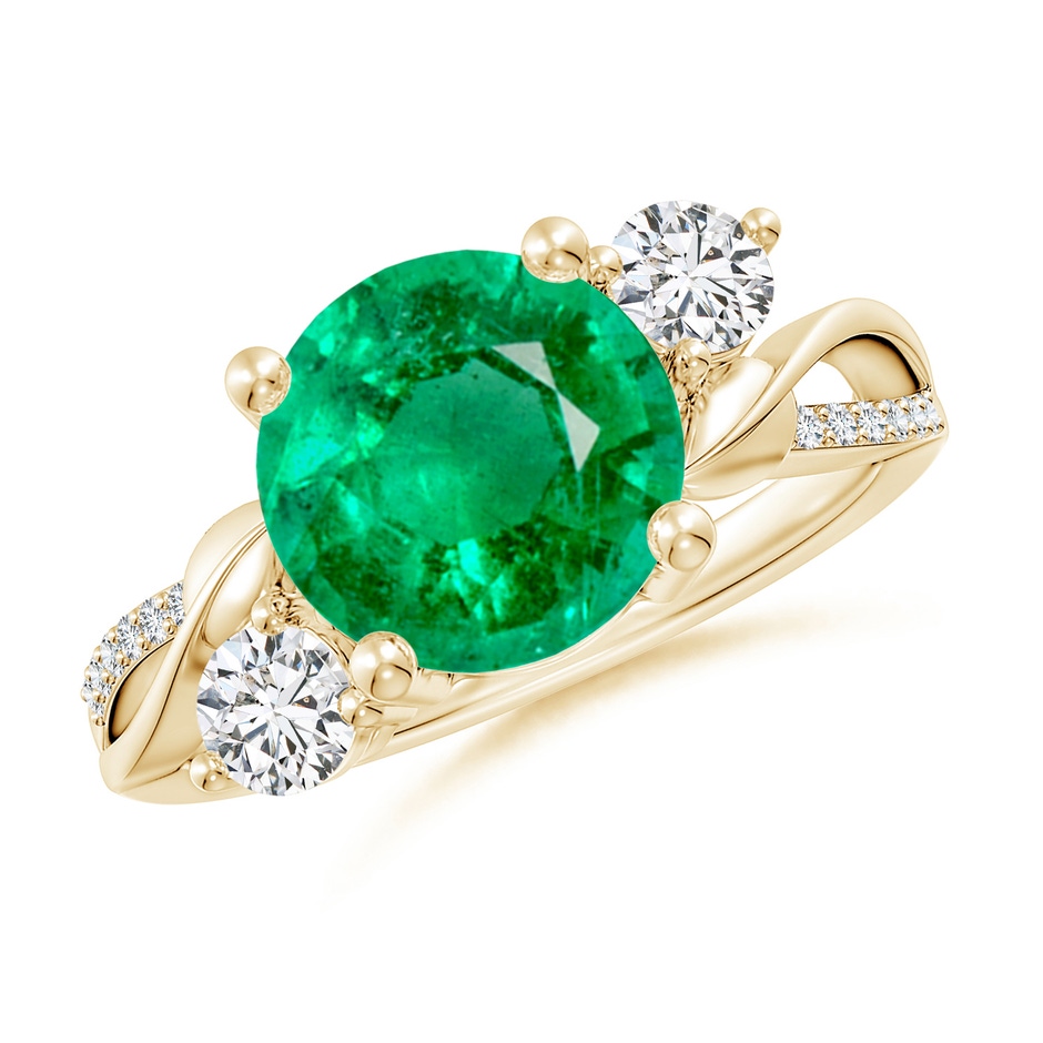 9mm AAA Emerald and Diamond Twisted Vine Ring in Yellow Gold 