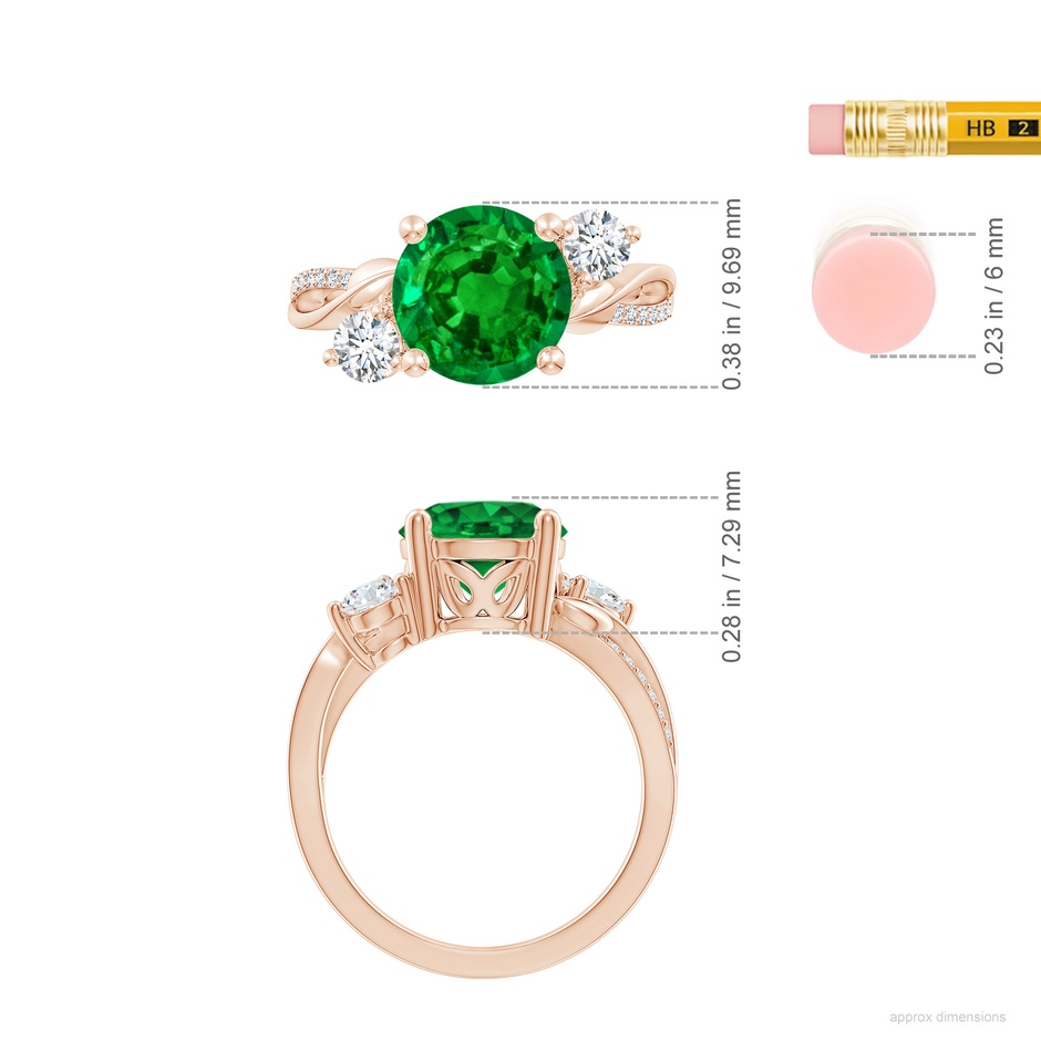 9mm AAAA Emerald and Diamond Twisted Vine Ring in Rose Gold ruler