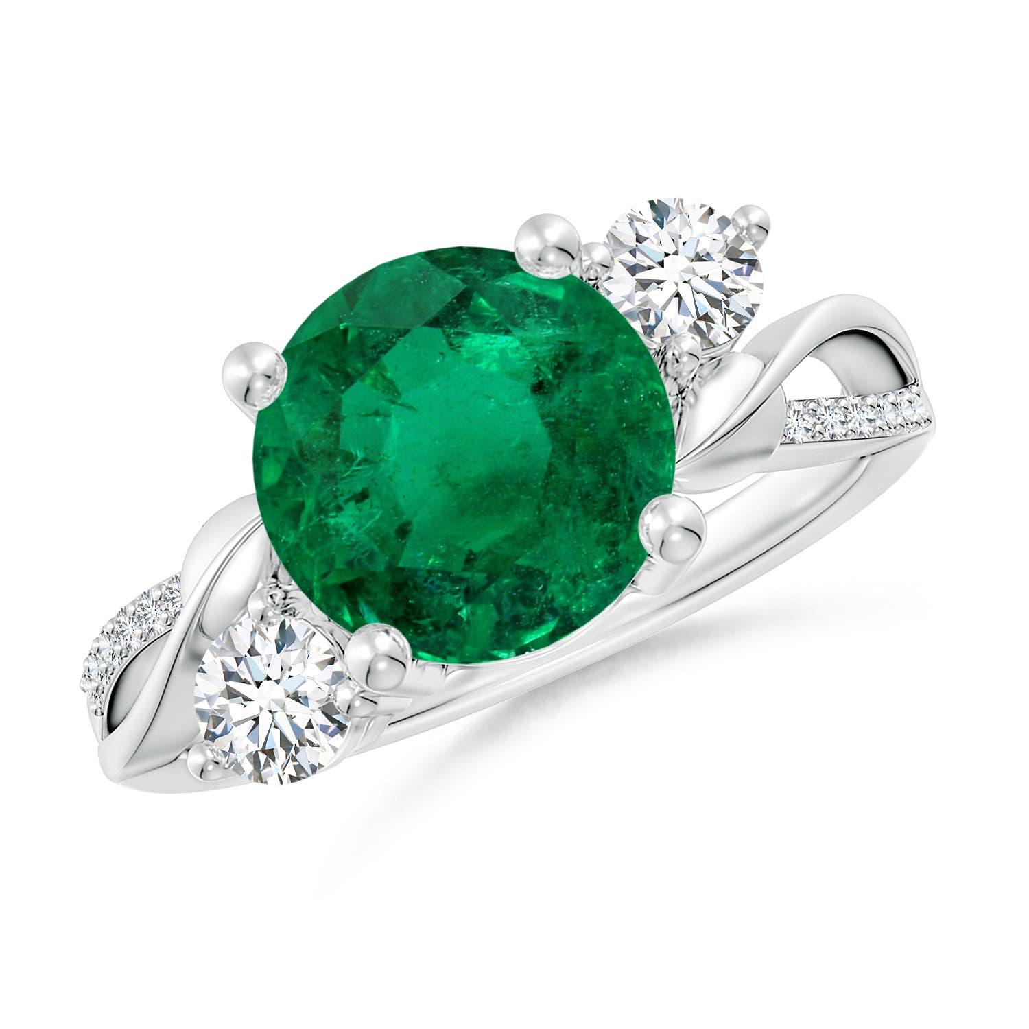 8.78-8.89x5.90mm AAA GIA Certified Round Emerald Twisted Vine Ring with Diamonds in 18CT White Gold