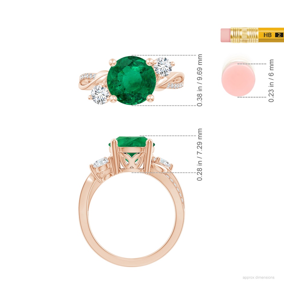 8.78-8.89x5.90mm AAA GIA Certified Round Emerald Twisted Vine Ring with Diamonds in Rose Gold ruler