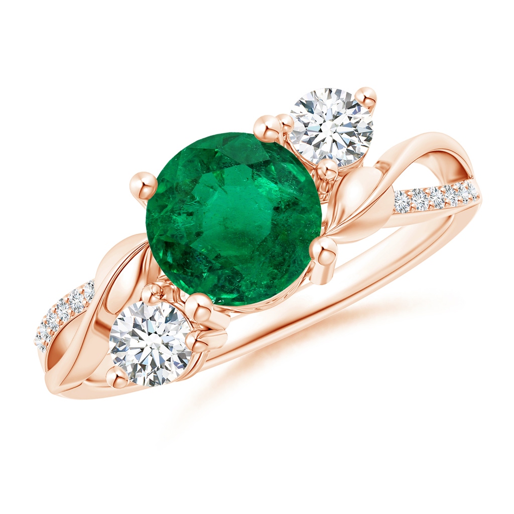 8.92x8.80mm AAA GIA Certified Round Emerald Twisted Vine Ring with Diamonds in Rose Gold