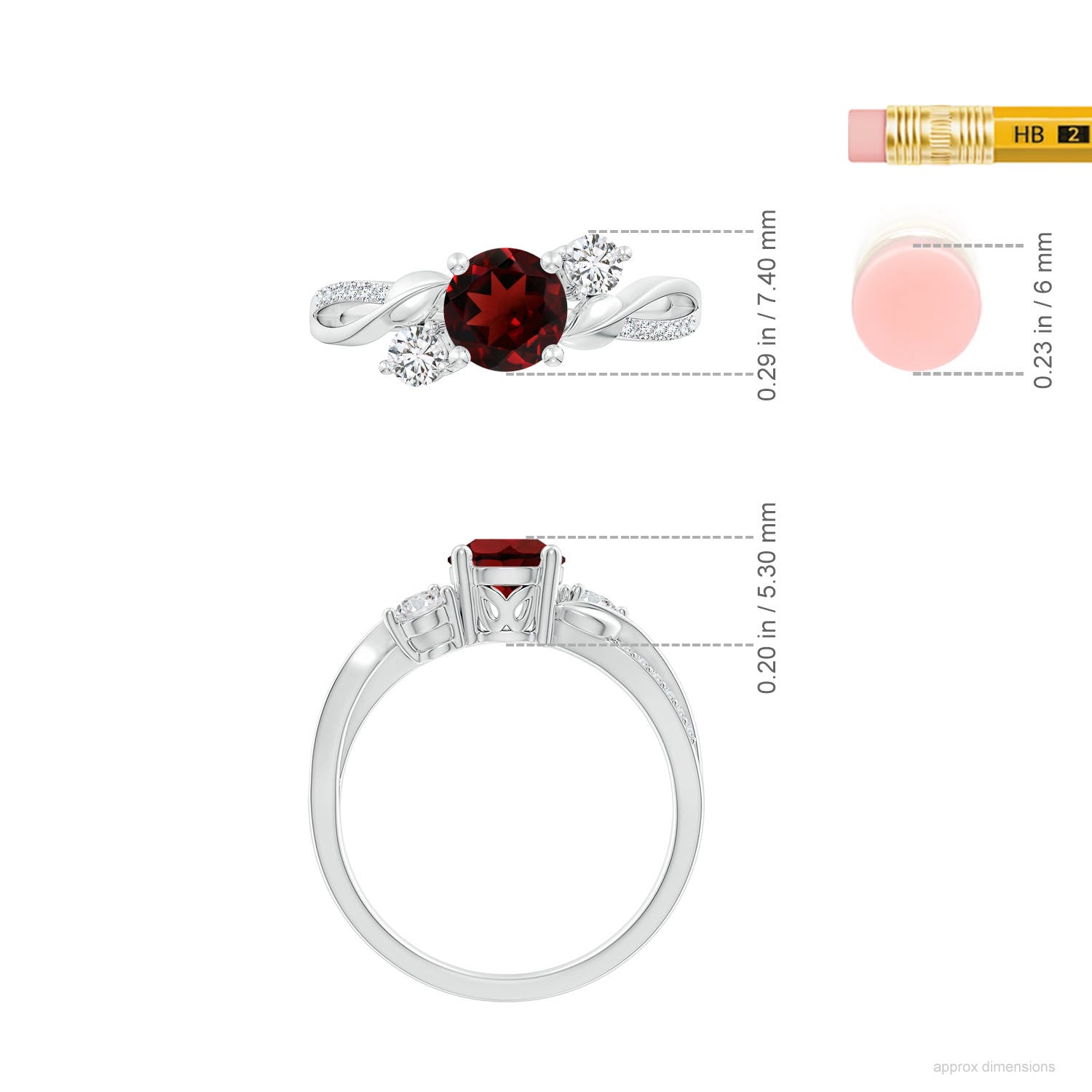 6mm AAA Garnet and Diamond Twisted Vine Ring in White Gold - ruler