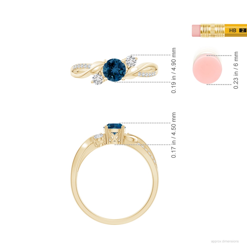 5mm AAA London Blue Topaz and Diamond Twisted Vine Ring in Yellow Gold ruler
