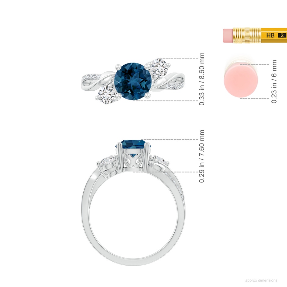 7mm AAA London Blue Topaz and Diamond Twisted Vine Ring in 18K White Gold ruler