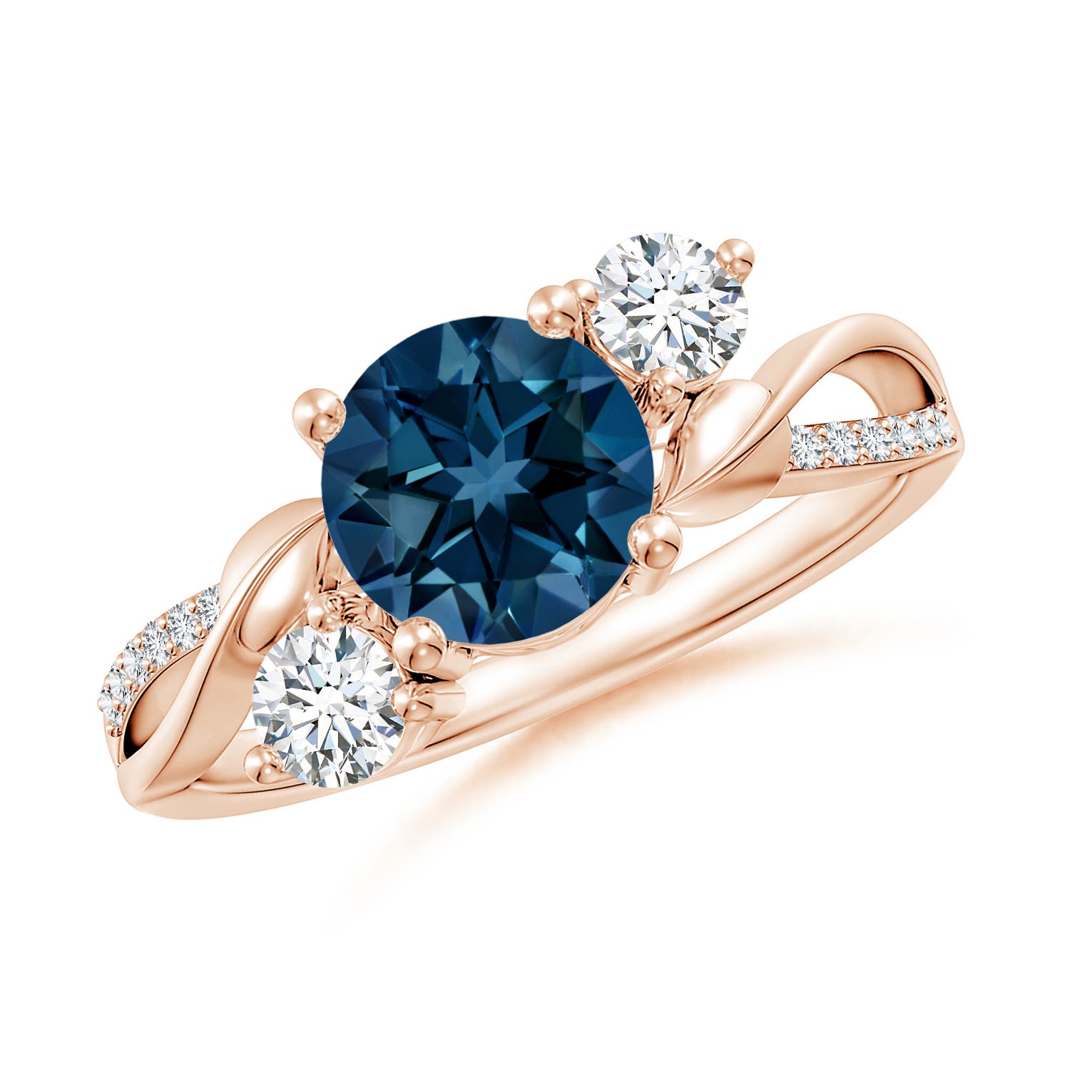 7mm AAAA London Blue Topaz and Diamond Twisted Vine Ring in 18K Rose Gold